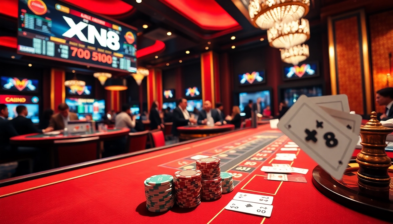 Experience the thrill of XN88 with a dynamic casino scene featuring poker chips and roulette.