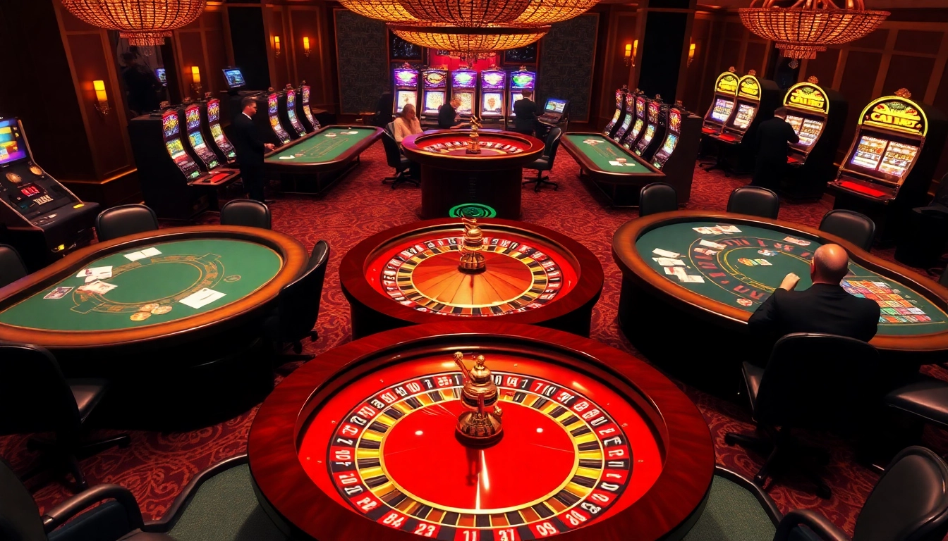 Experience lc881 excitement at a luxurious casino with vibrant roulette wheels and high-stakes poker tables.