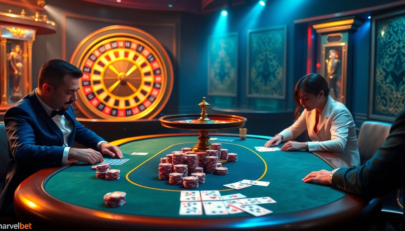 Experience the thrill of high-stakes gaming at https://marvelbet.site/, featuring a luxurious casino scene with poker and roulette.