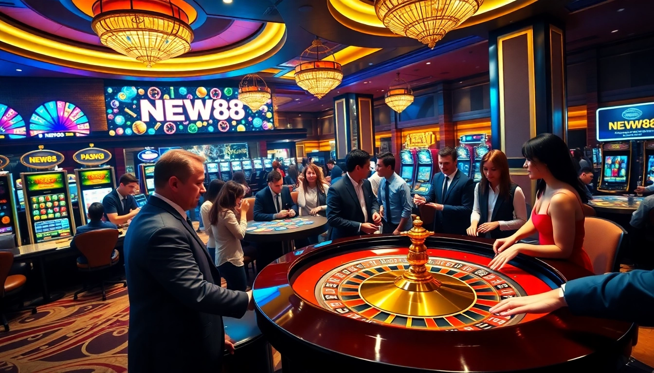 Players enjoy exciting games at NEW88 casino with vibrant roulette and slot machines.