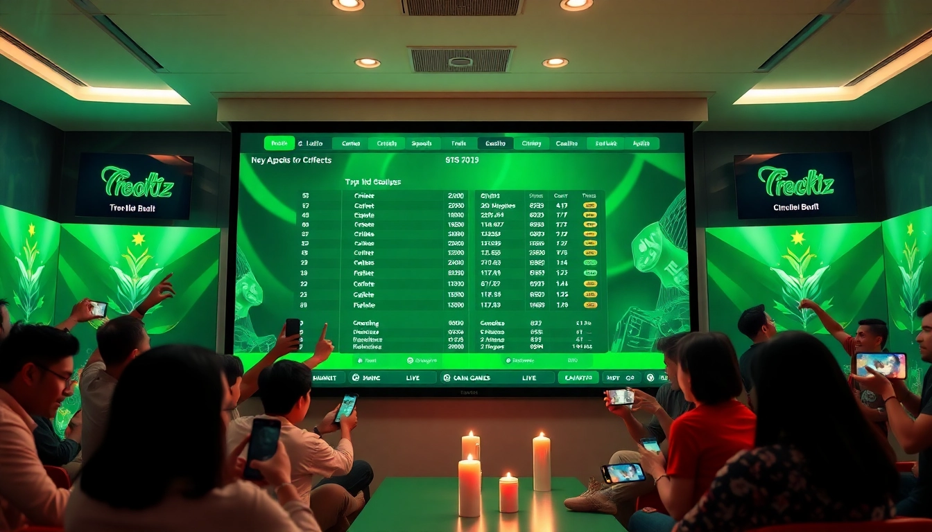 Cricket fans engaging with jeetbuzz on digital devices amid a vibrant betting interface.