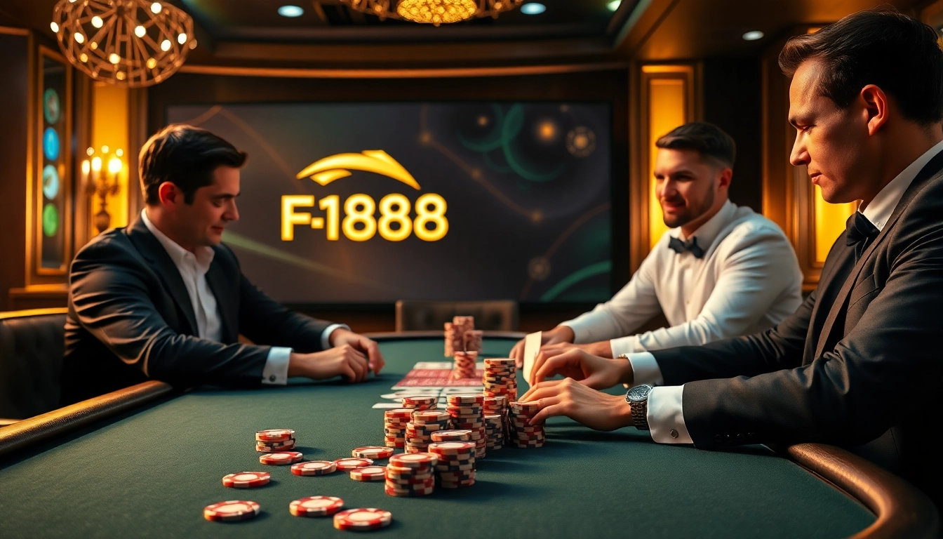 A thrilling poker game at F168 casino showcasing luxury chips and an inviting online gambling interface.