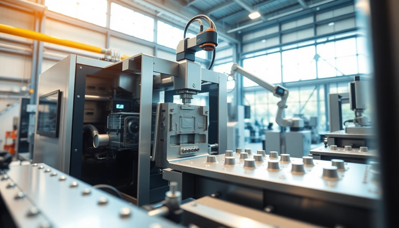 High-tech electric injection molding machine in operation with digital controls and robotic arms