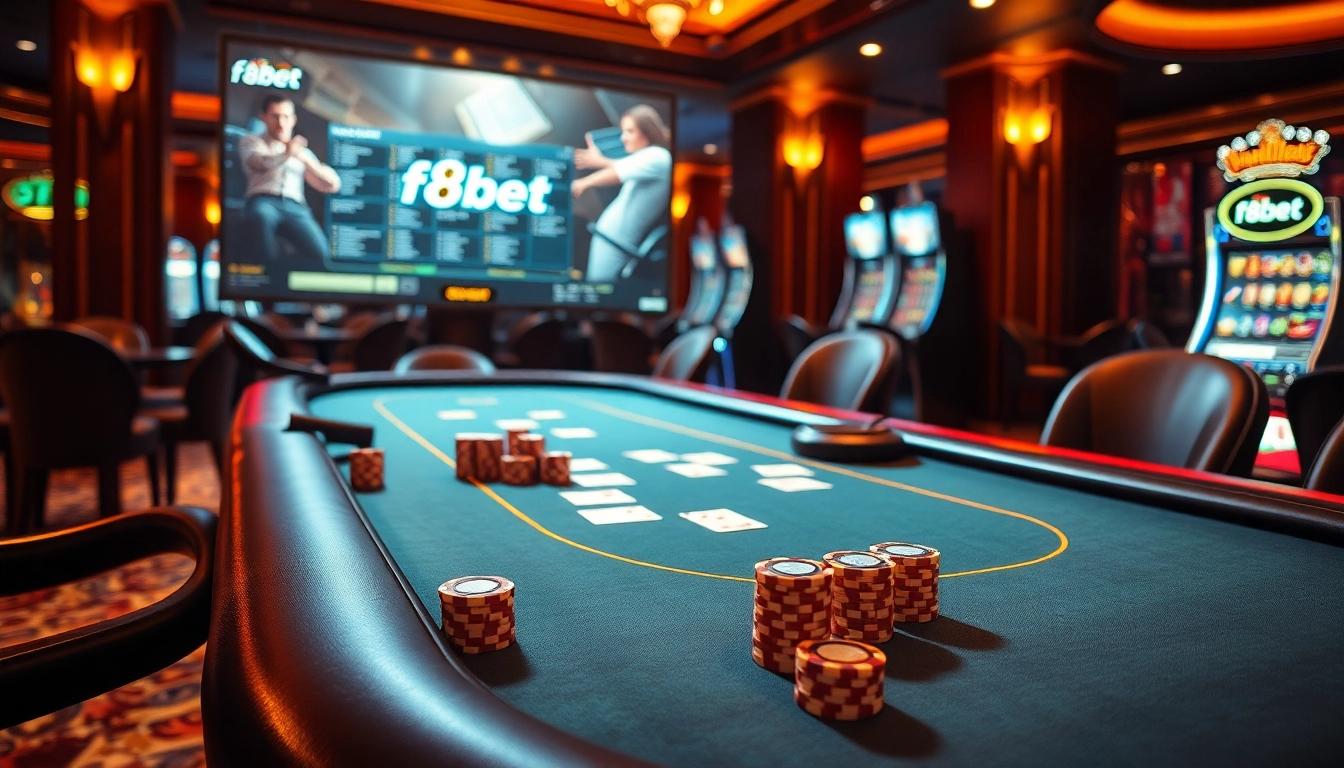 Experience the thrill of f8bet with vibrant casino games featuring poker chips and playing cards.