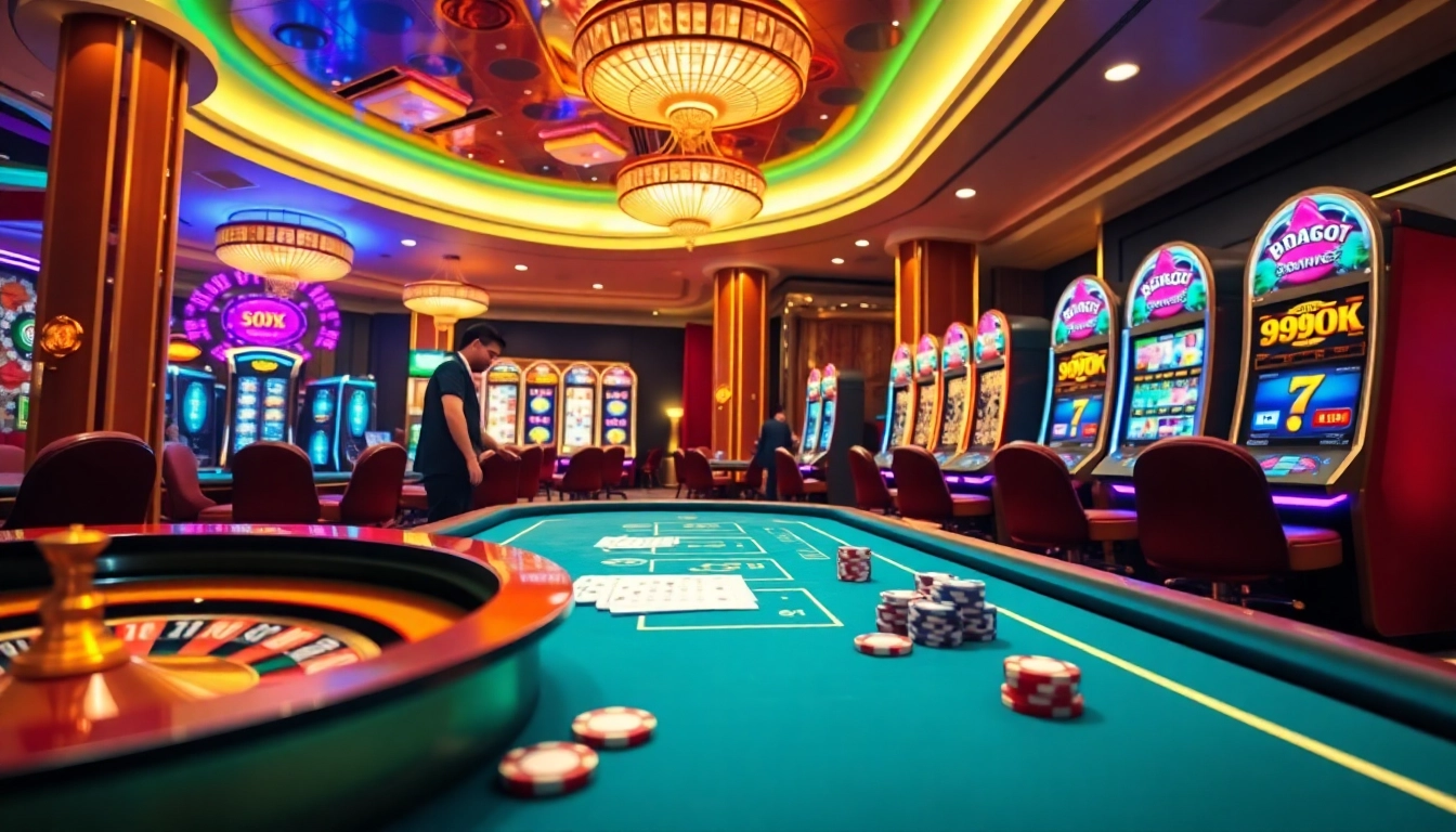 Experience the luxury of the 99OK casino with vibrant slot machines and a roulette wheel.