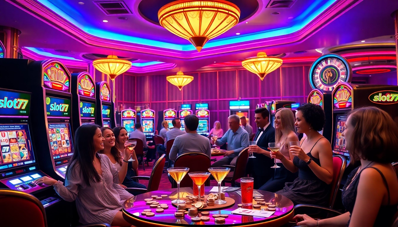 Excited players at a luxury casino engage with the slot777 machines, enhancing their winning experience.
