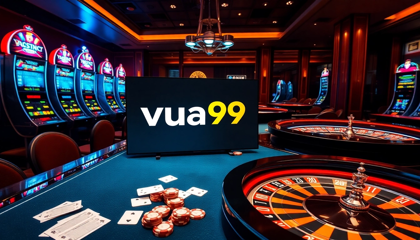 Experience the thrilling atmosphere of Vua99 with vibrant casino tables and digital gambling interfaces.
