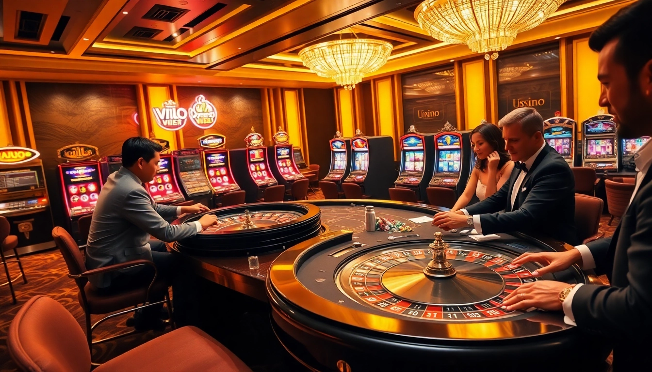 Players enjoying a thrilling poker game at the luxurious vua99 casino.
