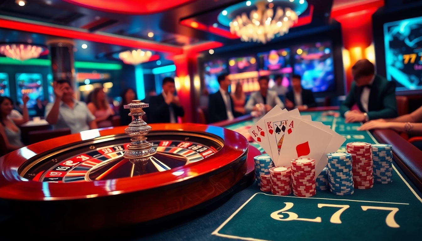 Experience the thrill of 6L777 betting with a vibrant casino atmosphere showcasing poker chips and a roulette wheel.