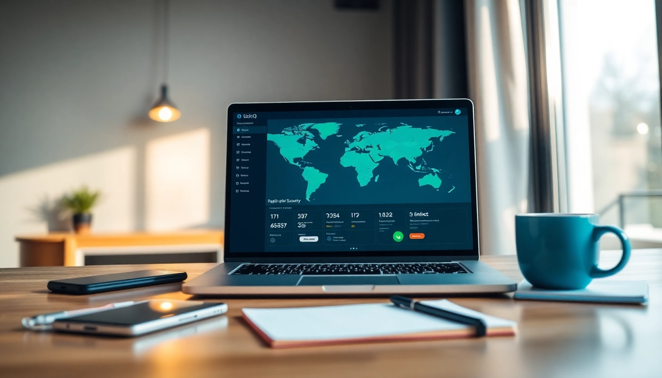 在现代笔记本电脑上的 QuickQ 界面，展示全球连接性与安全浏览。