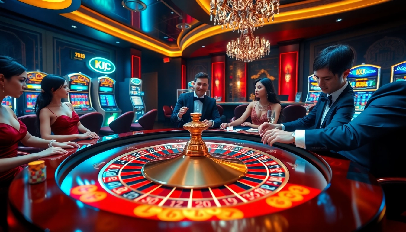 Players experience the thrill of KJC luxury gaming at an upscale casino surrounded by roulette tables and slot machines.