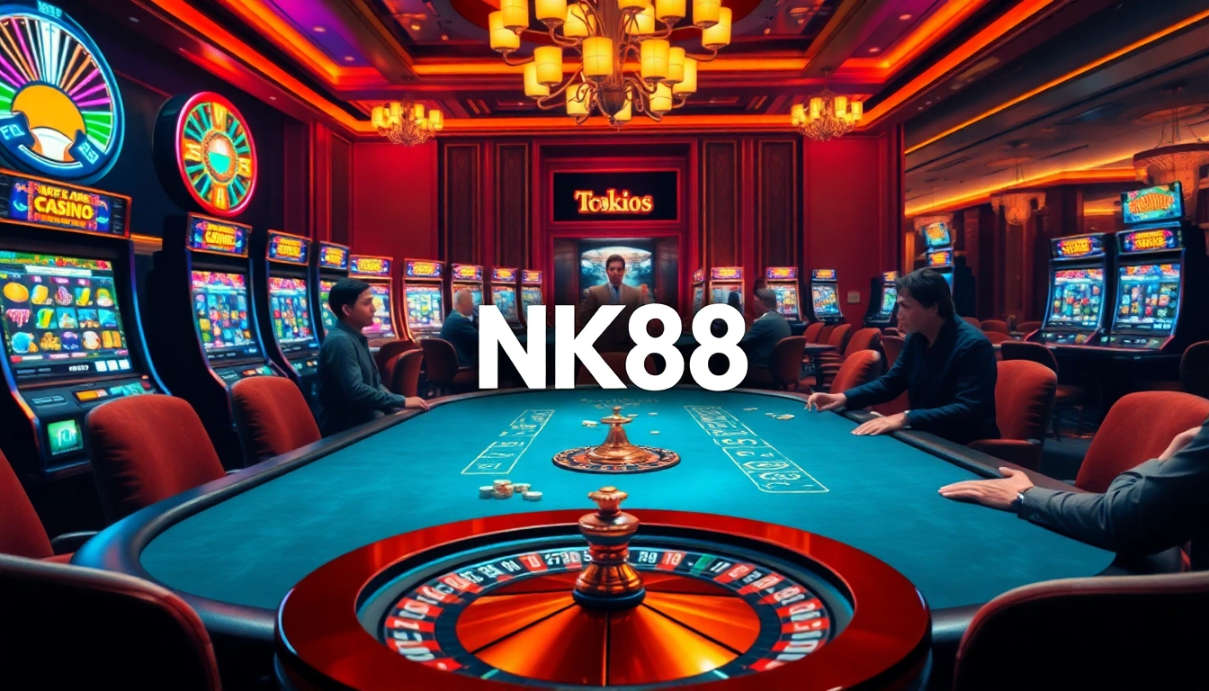 Excited players enjoying poker at a high-stakes casino table, highlighting NK88 branding in the background.