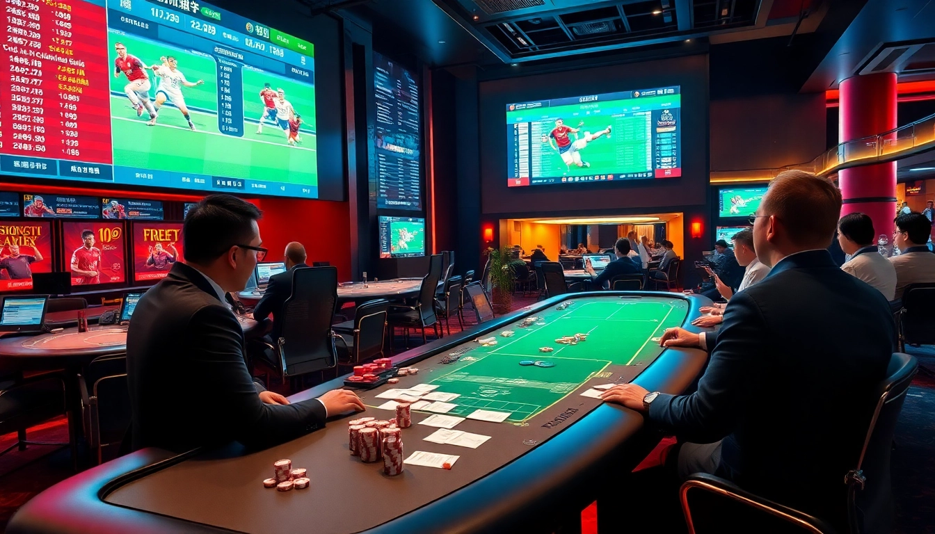 Betting on แทงบอล at a luxurious casino sportsbook with vibrant atmosphere and live match displays.