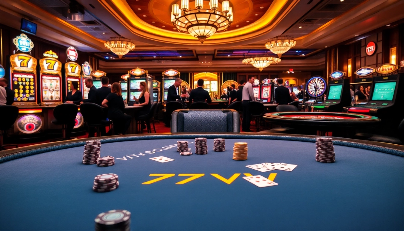 Experience the excitement of 777VIP with vibrant casino games and a high-stakes poker table.