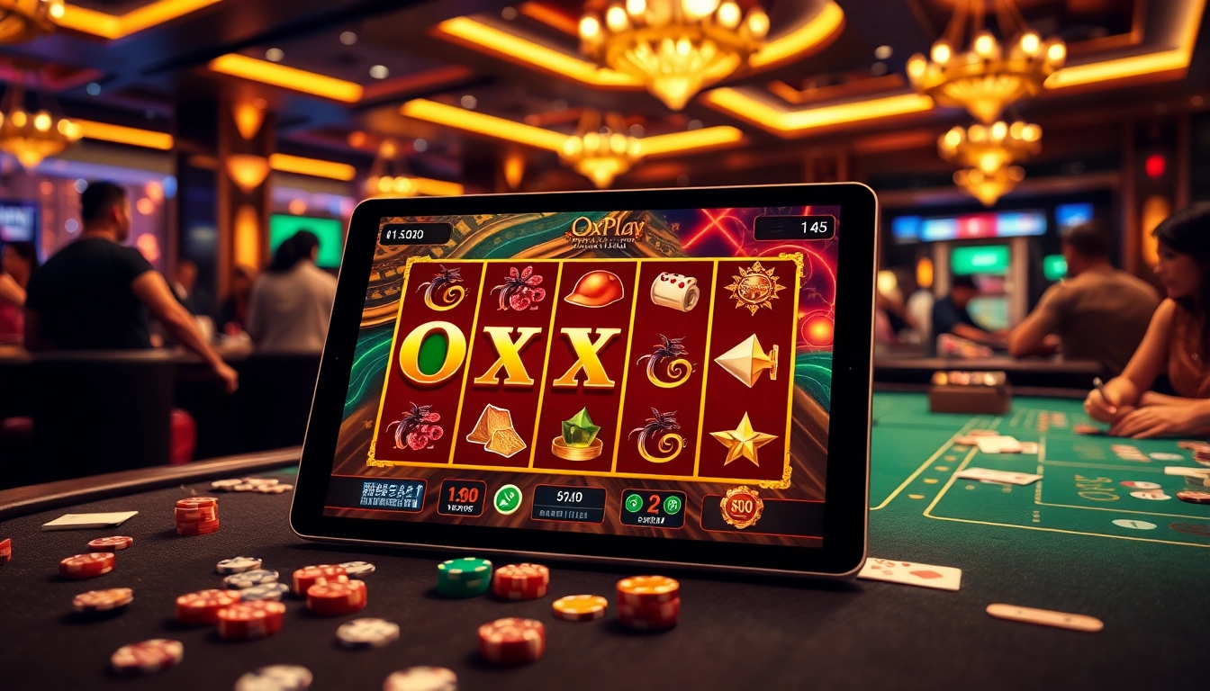 Experience thrilling gameplay with Oxplay's online slot interface in a lively casino scene.