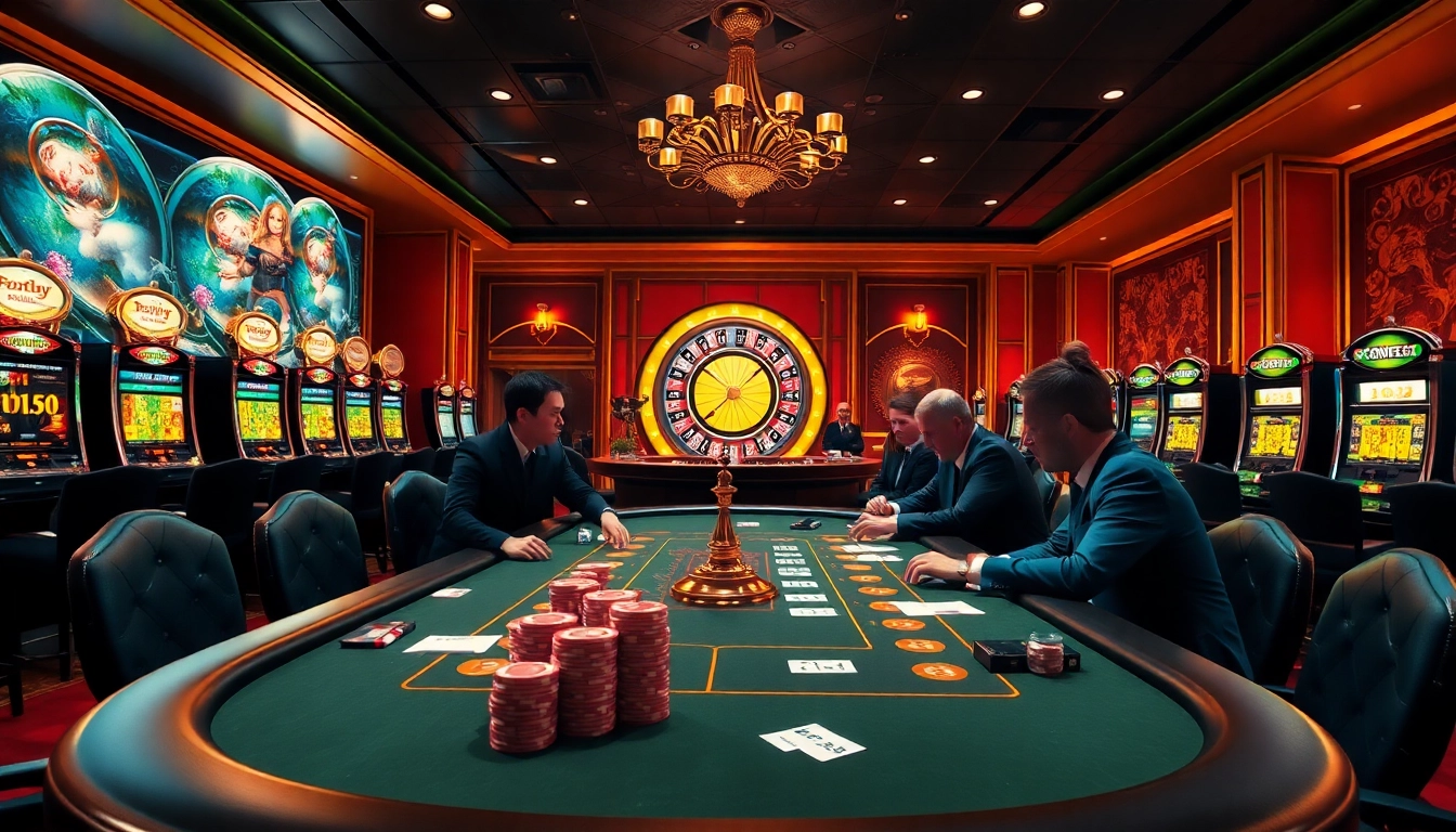 Engaged players at a poker table in a luxurious casino setting featuring BDTK666 elements.