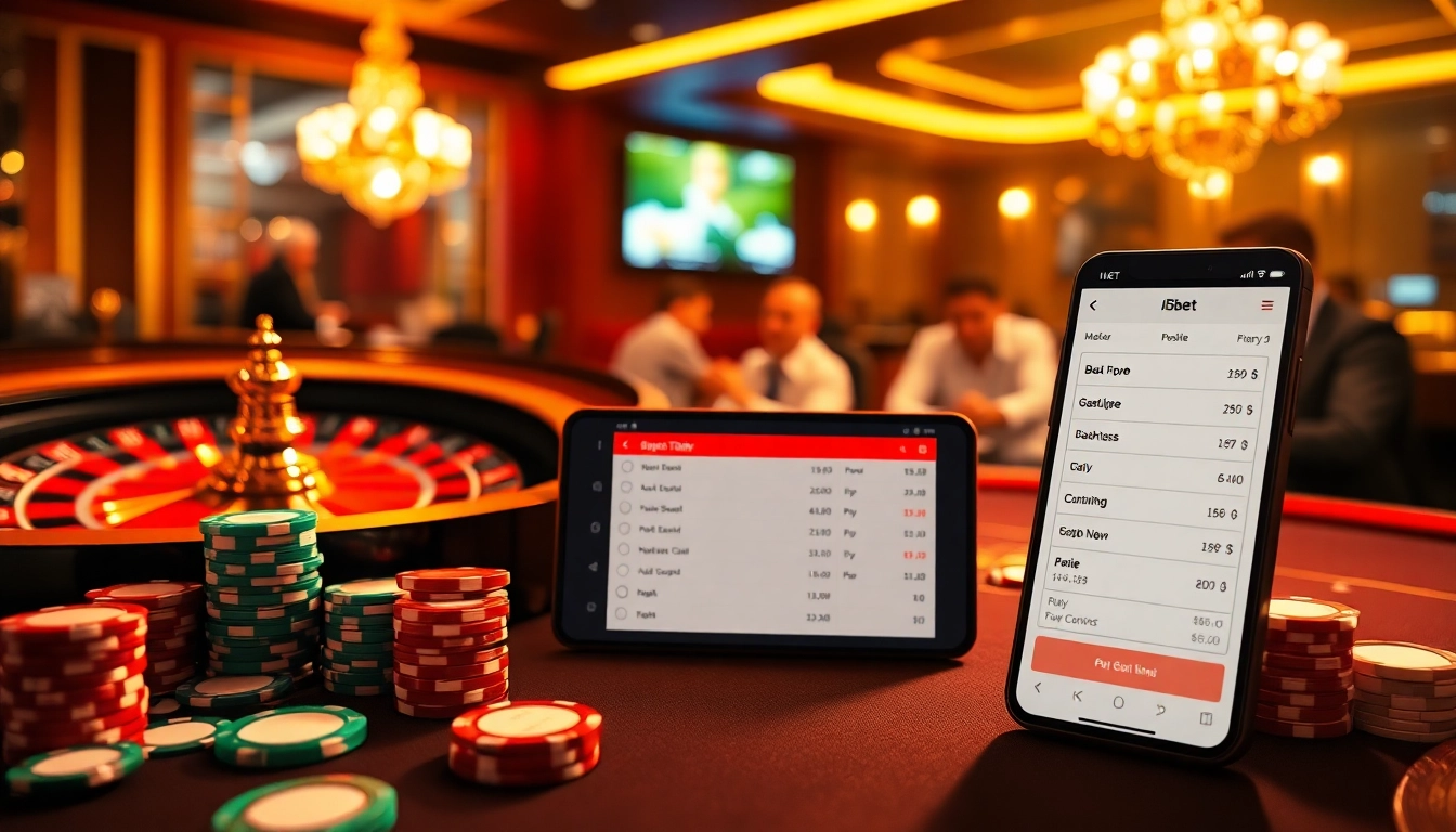 i5bet online gambling interface featuring poker chips and roulette wheel in a lively casino scene