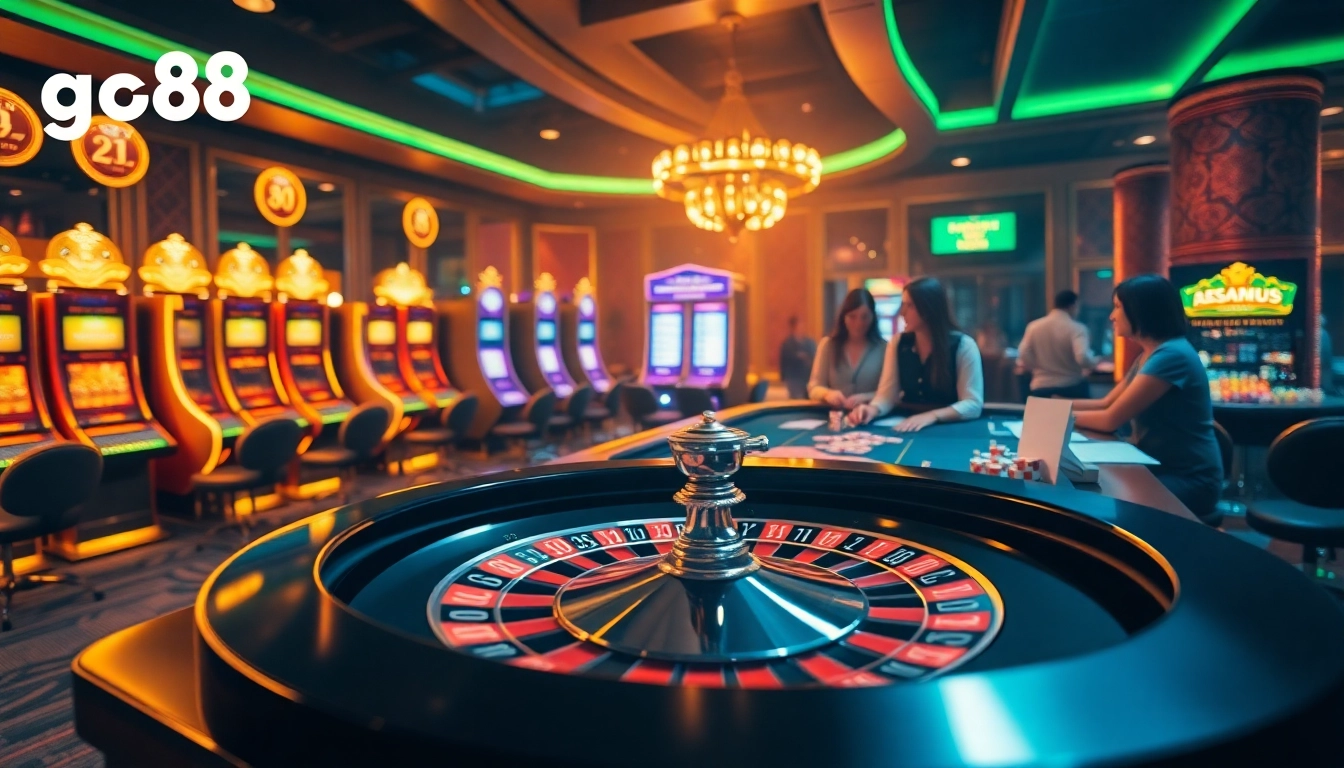 Excited players betting at a luxurious casino showcasing gg88 gaming tables and vibrant slots.