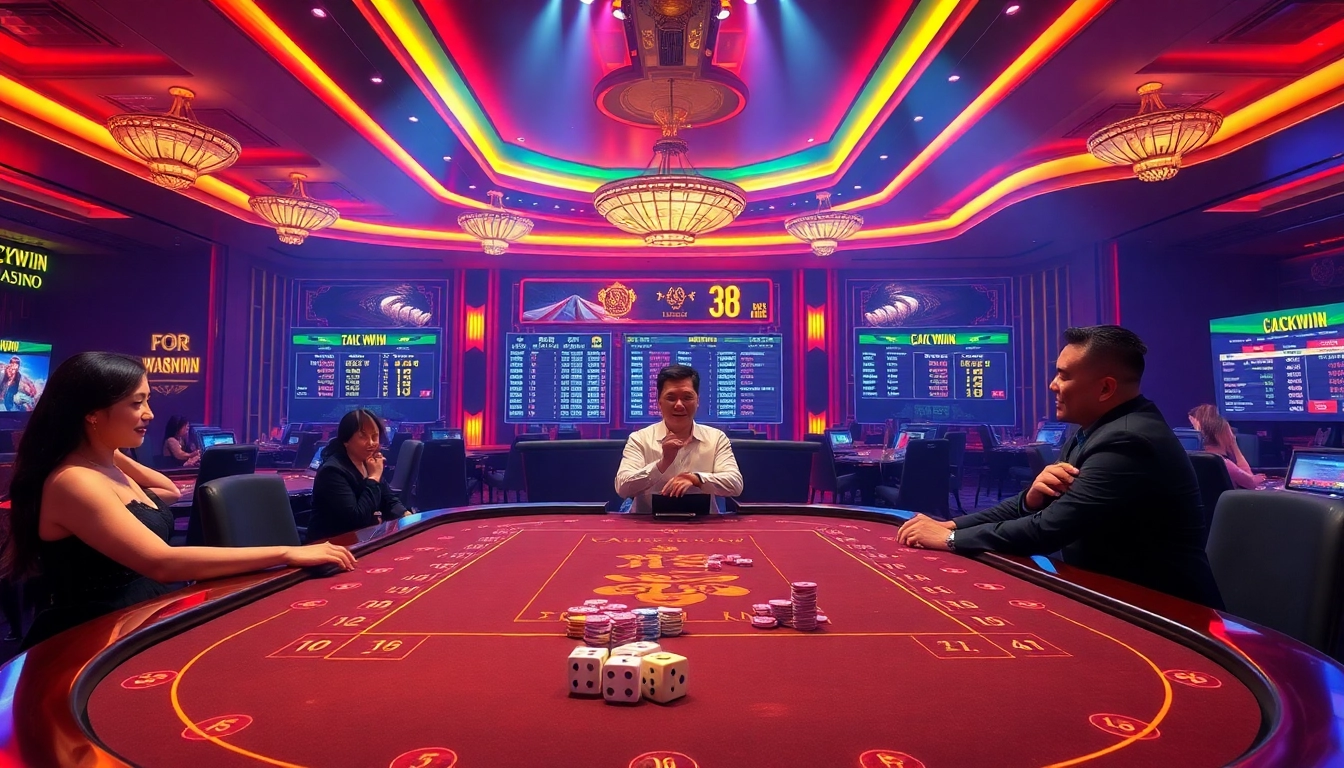 Luckywin tài xỉu md5 gaming table with excited players and vibrant casino atmosphere.