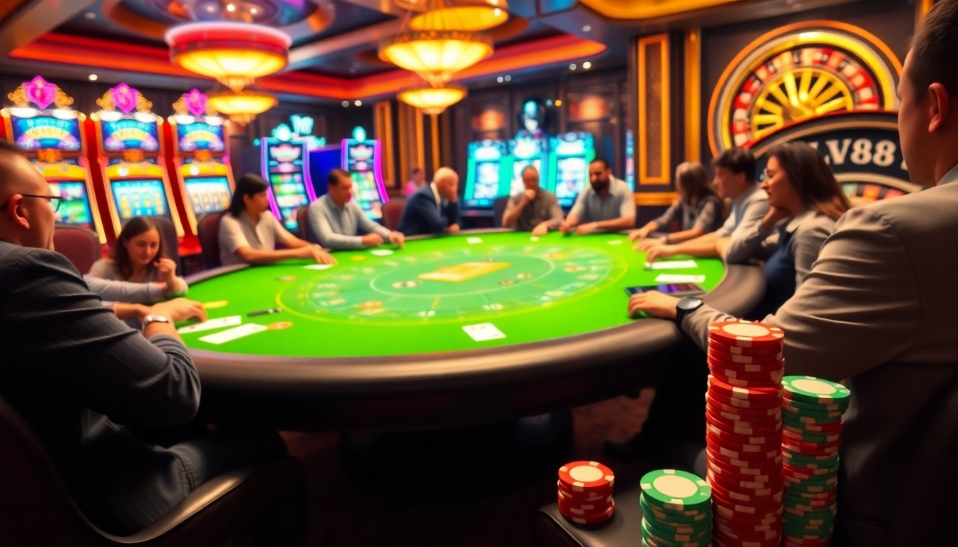 Excited players at LV88's casino table showcase intense poker action with vibrant slot machines nearby.