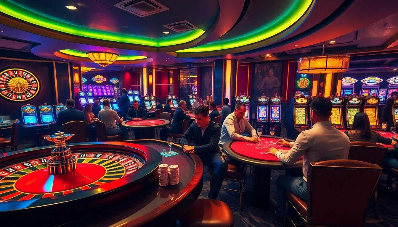 Nohu players strategize at a luxurious poker table in a vibrant casino setting.