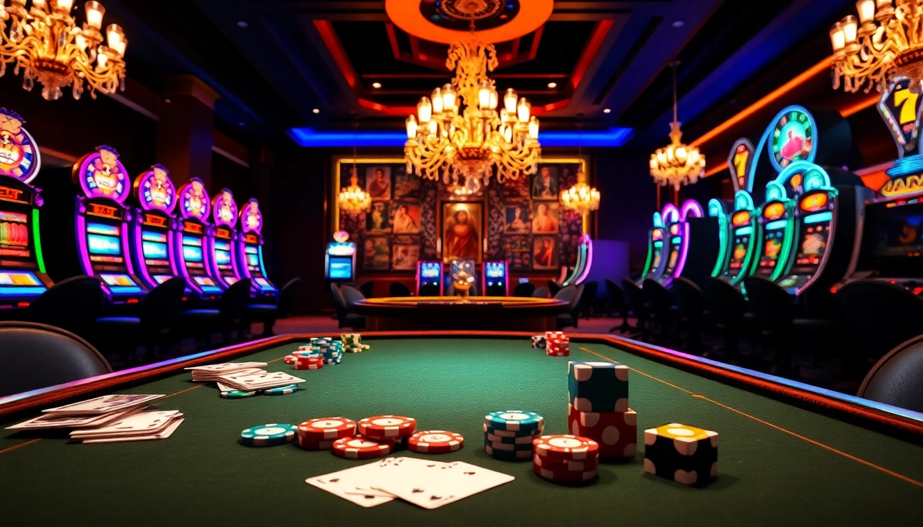 Exciting casino gaming action featuring xx88 branded poker chips and luxurious slot machines.
