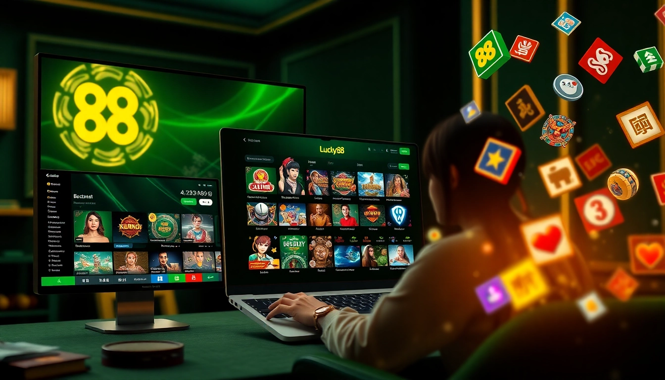 Explore the dynamic Lucky88 online gambling interface featuring casino games and vibrant graphics.