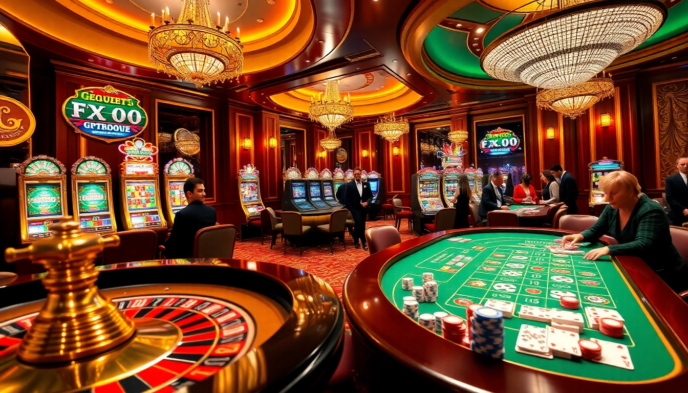 Experience luxury gaming at xo88.quest with vibrant roulette wheels, colorful poker chips, and slot machines.