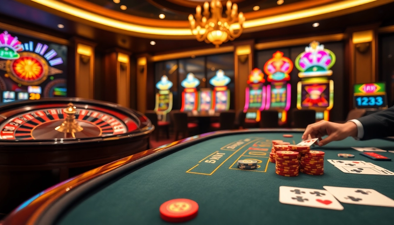 Players engage in thrilling games at EK333's luxurious casino, featuring poker, roulette, and slots.