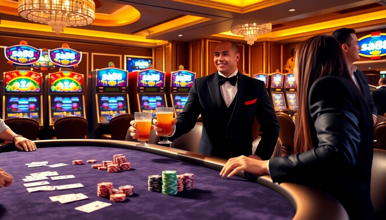 sa88 gaming environment with a luxurious poker table and vibrant slot machines