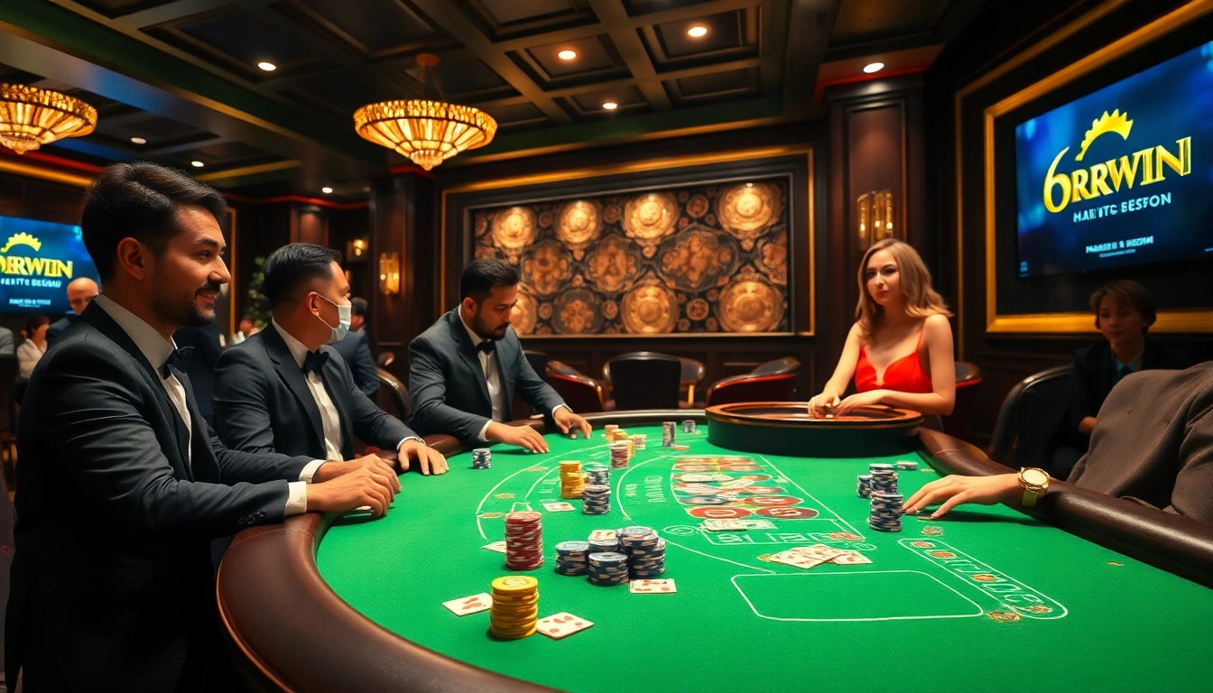 A thrilling poker game at 6RWIN casino with colorful chips and engaging players.