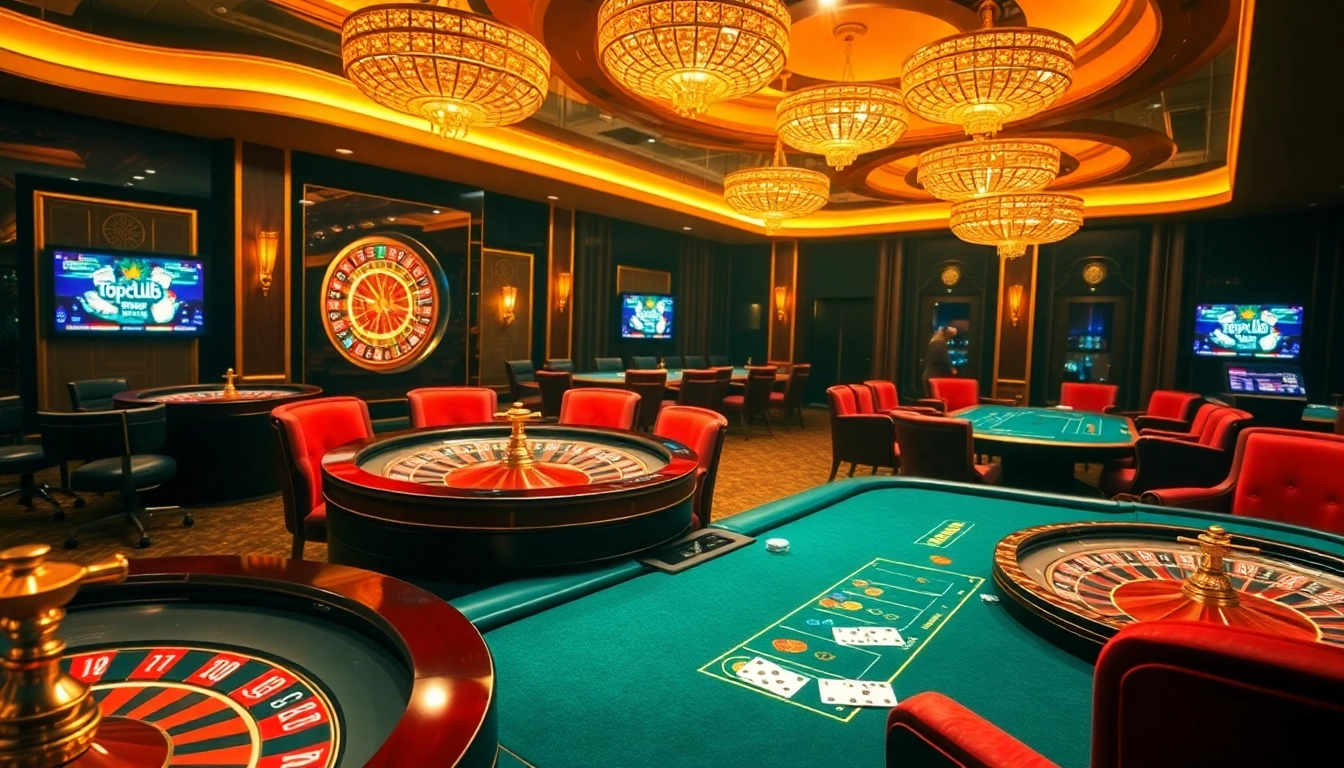Engaging scene of topclub gaming with players at roulette tables and poker games, showcasing luxury.