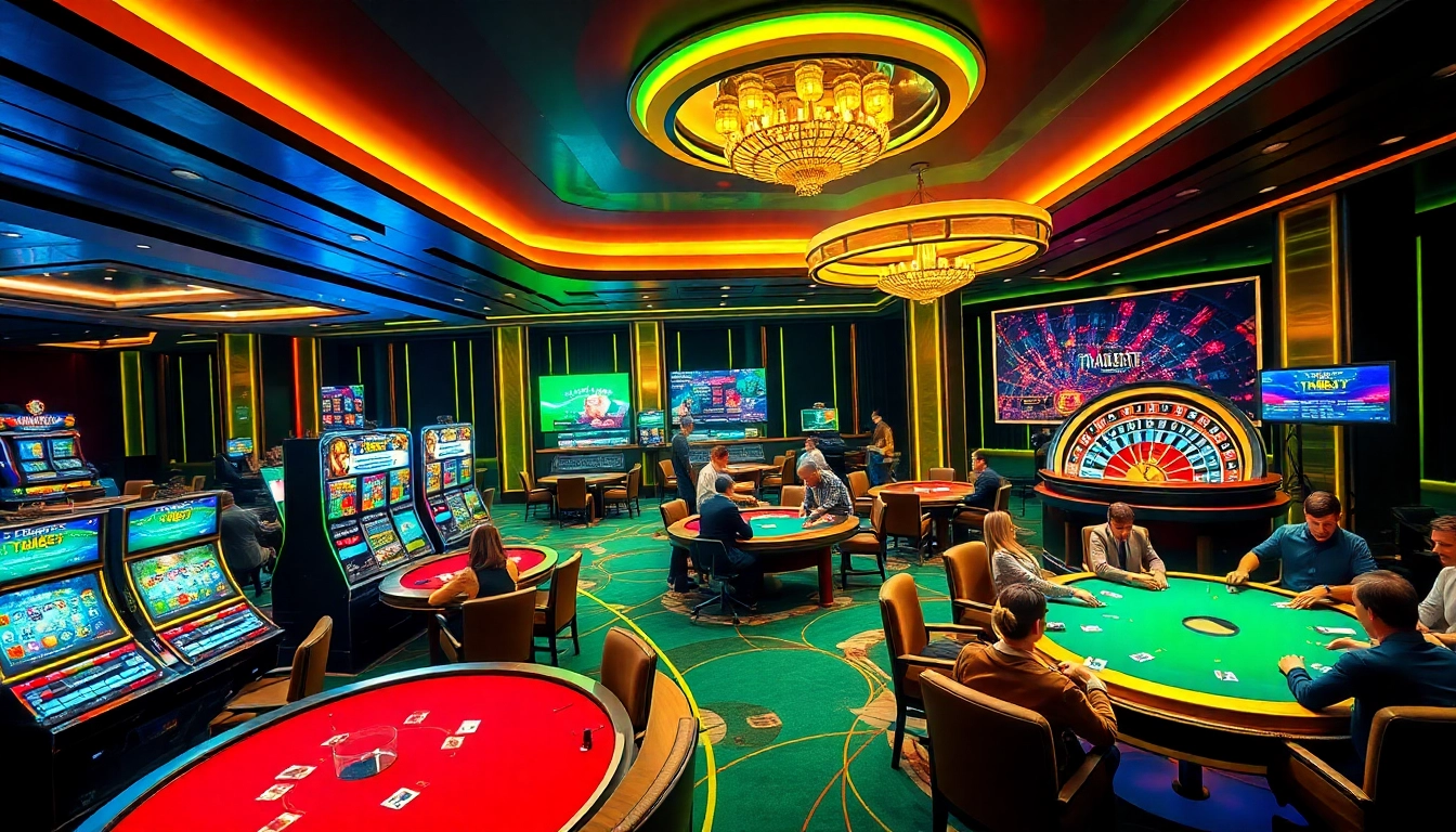 Players enjoying exciting casino games at Thabet77, featuring poker, slots, and roulette.