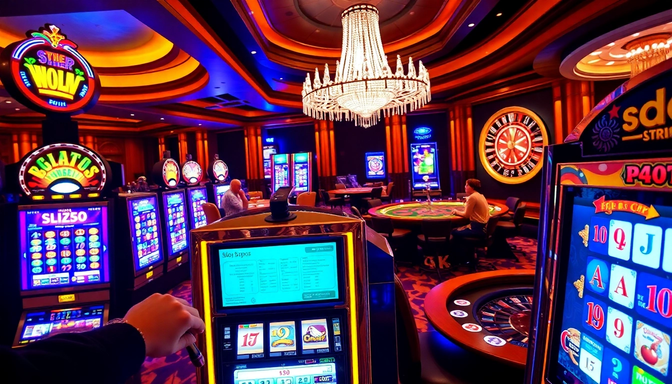A player engages with the slot depo 1k machine amidst a vibrant casino setting filled with excitement.
