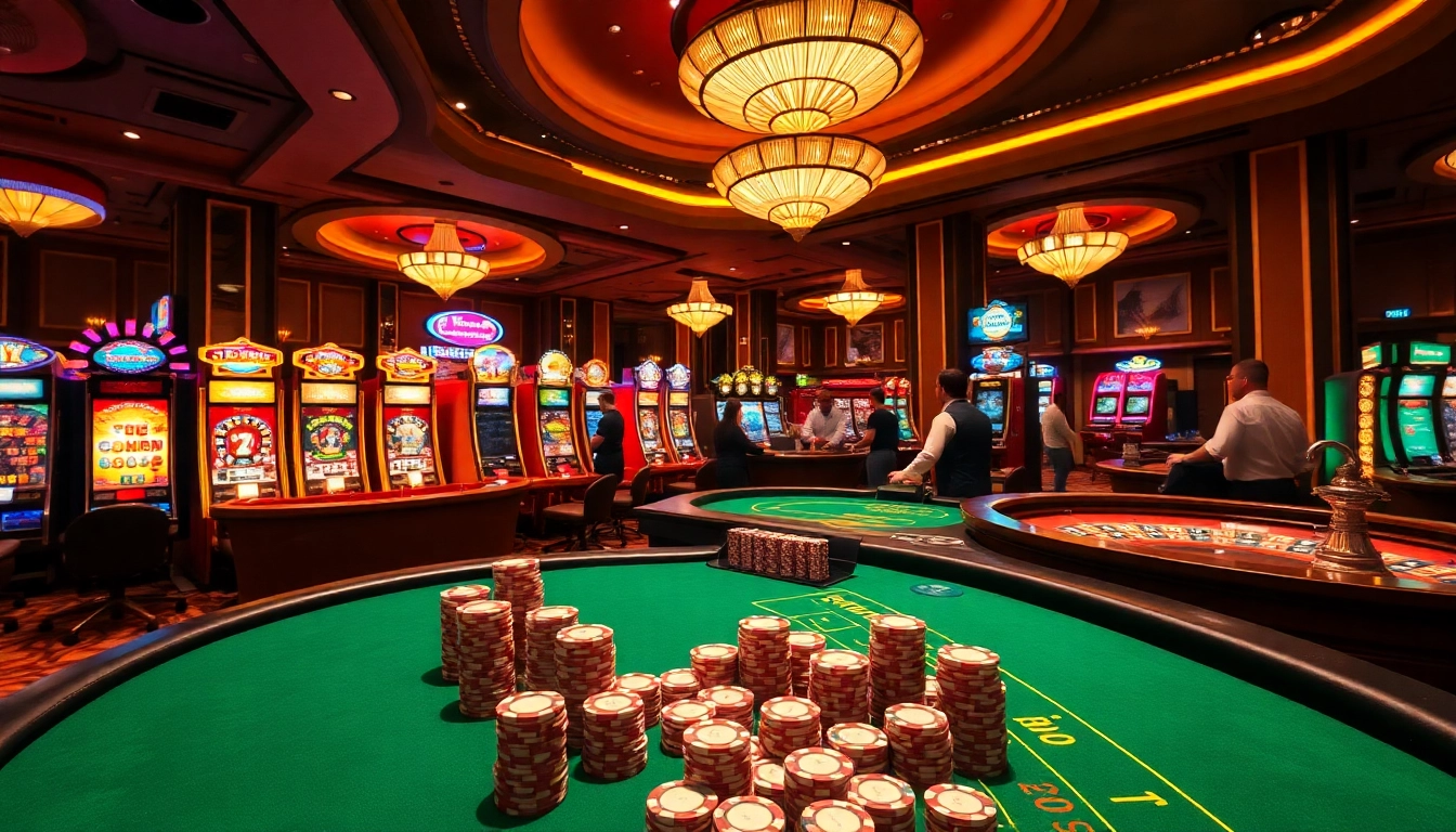 Experience the excitement of RR88 with vibrant slot machines and poker action in a luxurious casino setting.