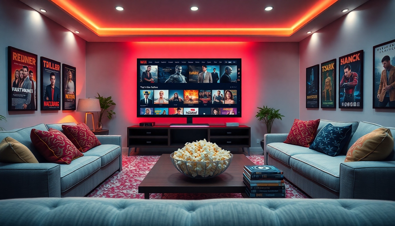 Cozy living room designed for layarkaca21 movie watching with ambient lighting.
