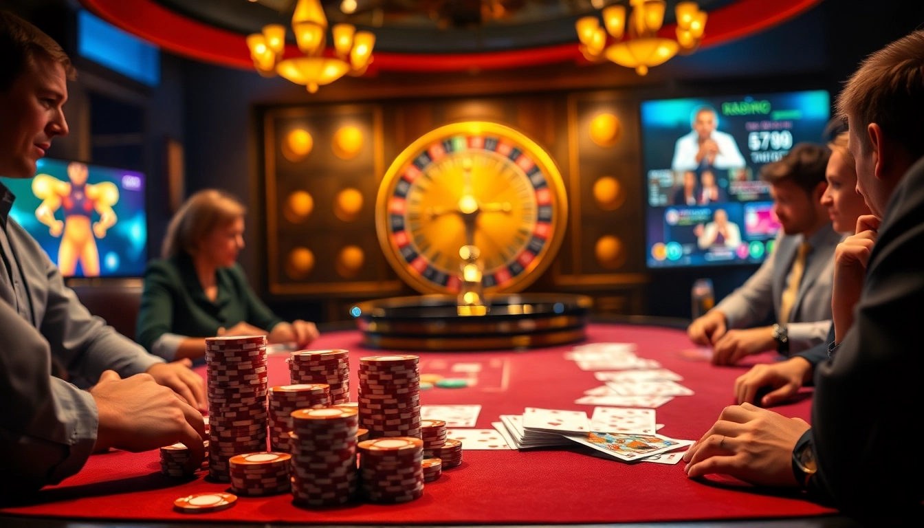 Players competing at a luxurious k9k9 casino poker table, showing excitement and high-stakes action.
