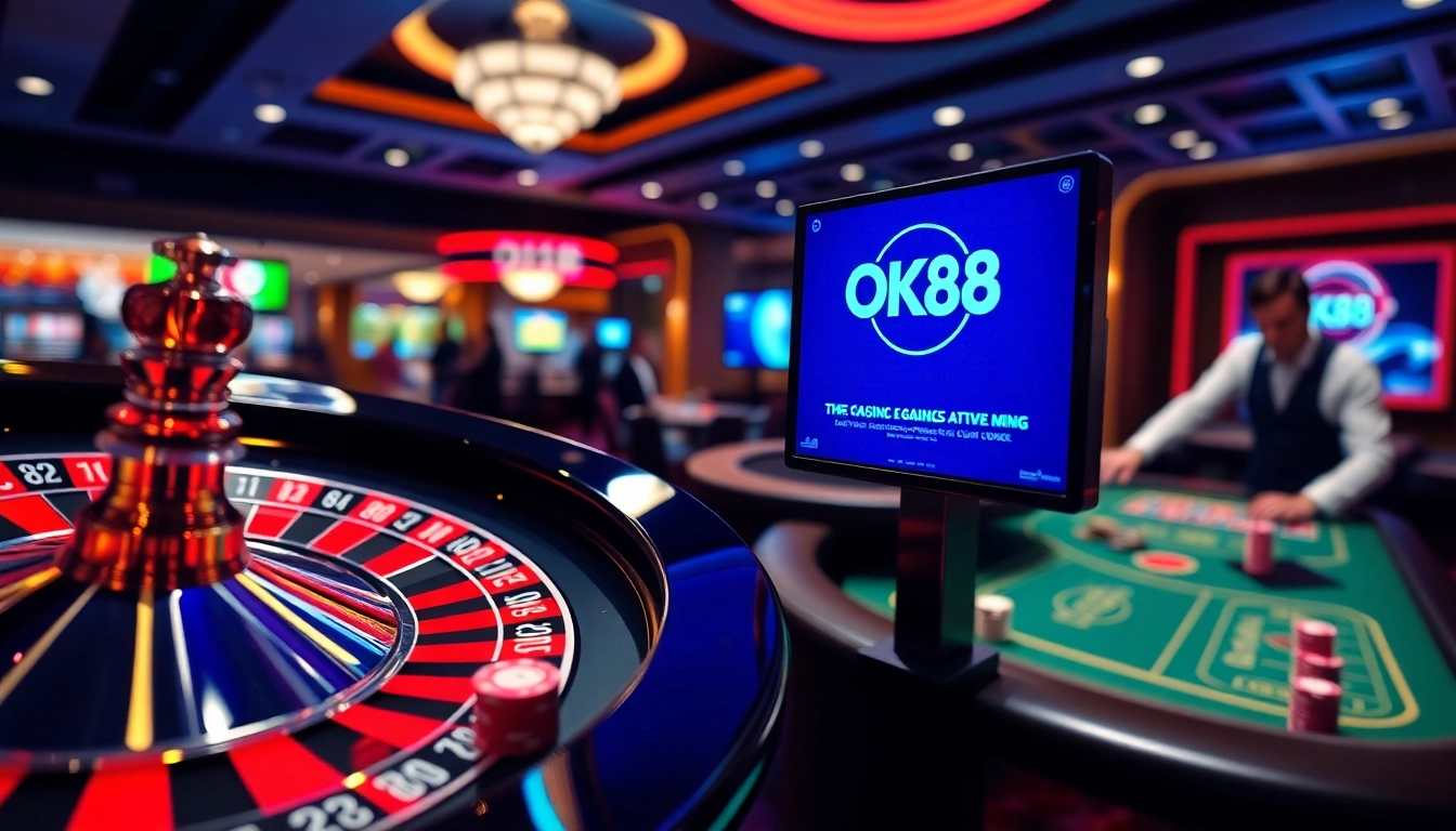 Experience exhilarating gaming action at OK88 casino with vibrant tables and poker chips.