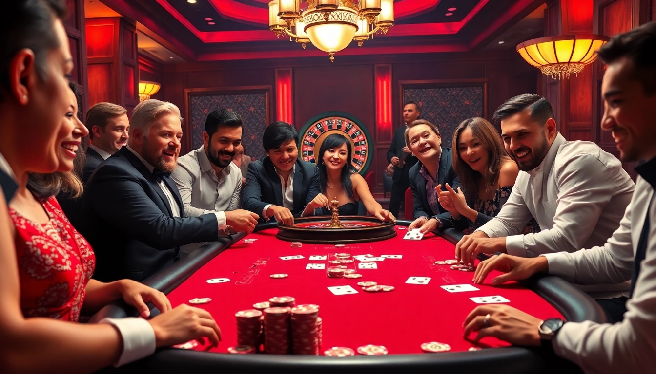 Players enjoying poker at hitclub0.com, surrounded by colorful chips and an exciting atmosphere.