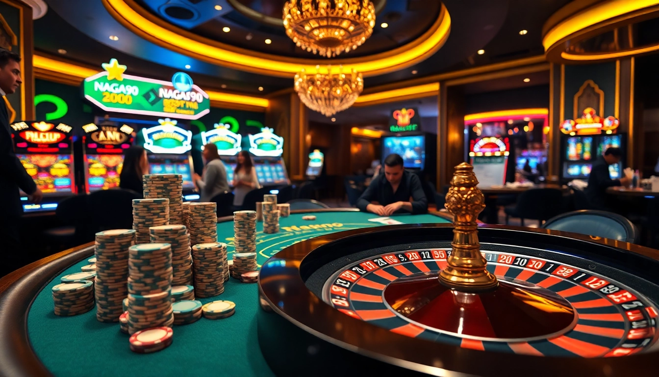 Players enjoy an exciting game at the Naga99 casino table amidst luxurious decor.
