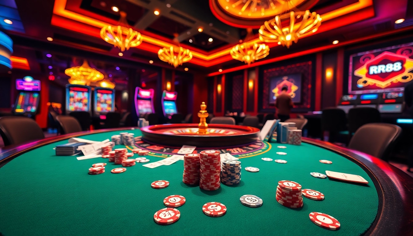 RR88 casino scene depicting high-stakes poker and slot machines in a vibrant atmosphere.