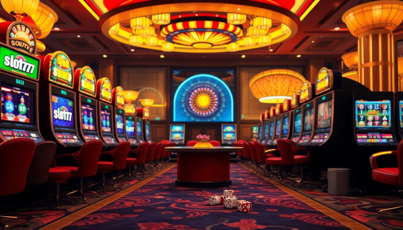 Excited gamblers enjoying vibrant slot777 machines in a luxury casino setting.