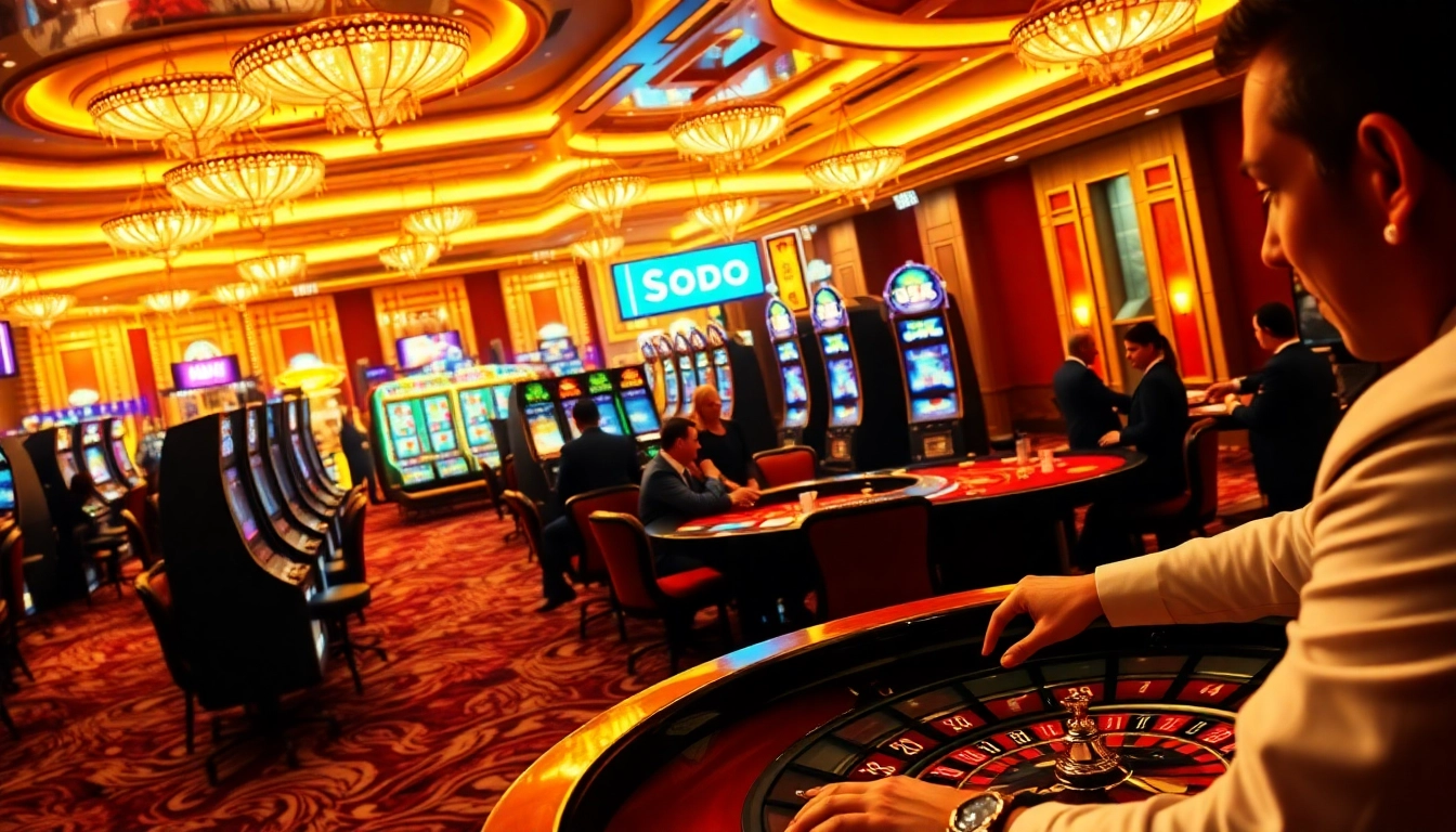 SODO casino scene with vibrant slot machines and engaging poker games for gamblers.