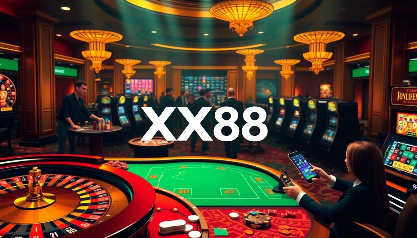 Engage with thrilling online gambling at XX88 featuring casino elements like poker chips and roulette wheels.