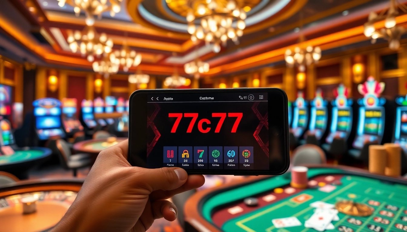 Experience high-stakes gaming with the 7c77 app interface showcased in an elegant casino.