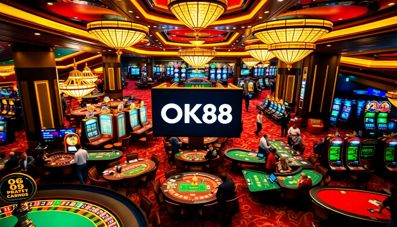 Exciting gambling scene at OK88 casino with vibrant gaming tables and lively players.