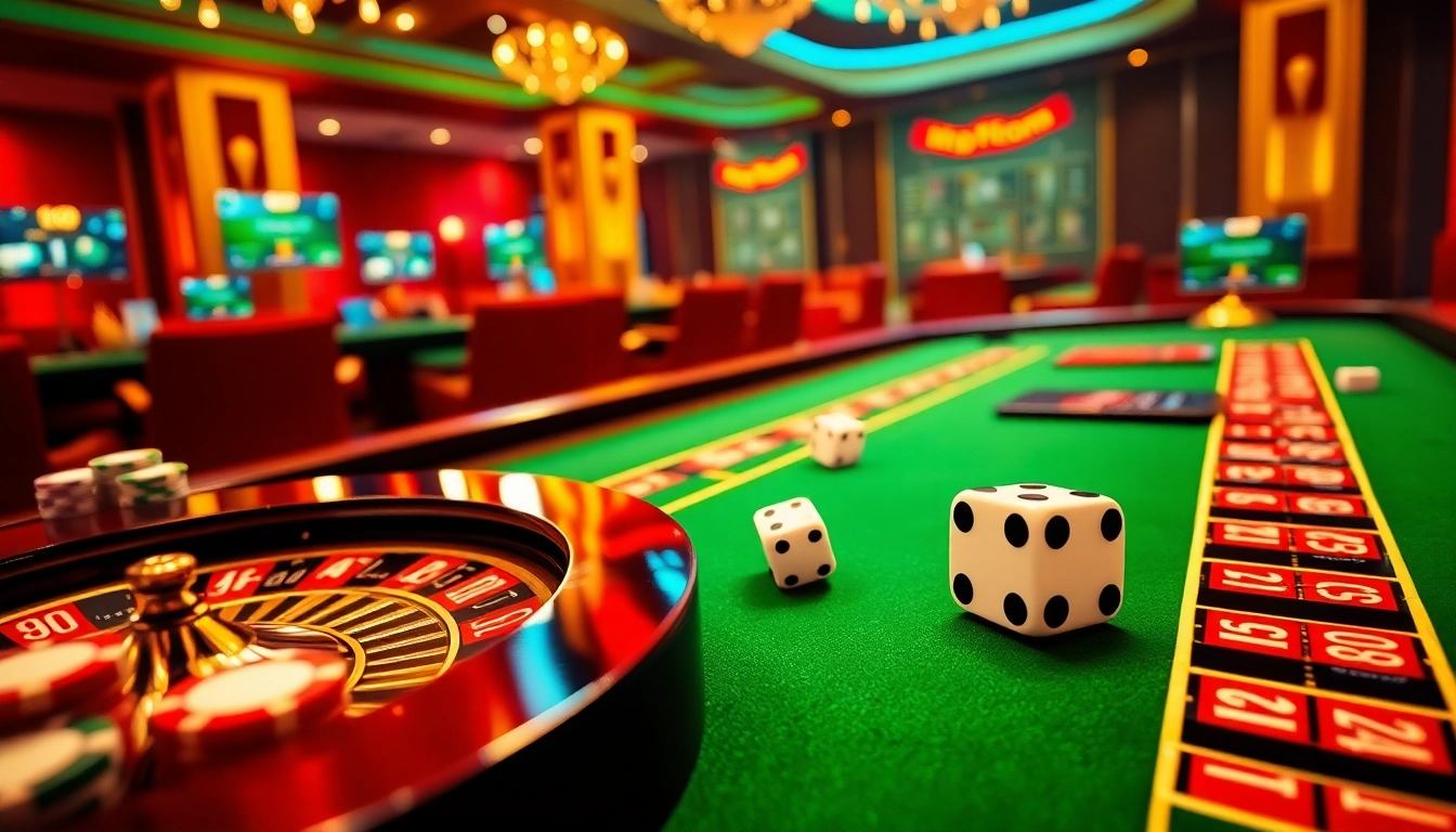 AF88 gaming table with poker chips and a roulette wheel in an elegant casino setting.