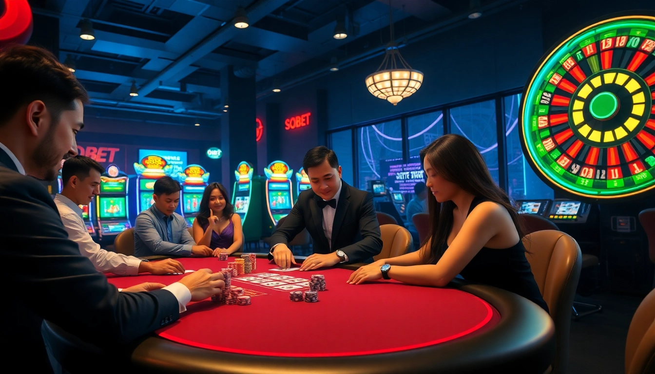 SBOBET poker action at a vibrant casino table with engaged players and colorful chips.