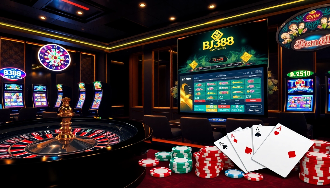 BJ388 engaging in a luxurious online casino experience with roulette and slot machines