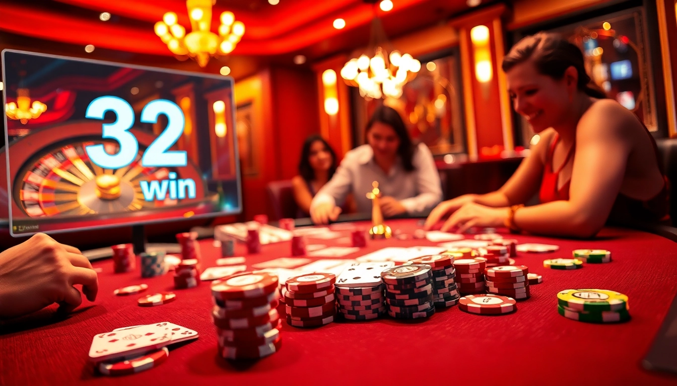 Experience the thrill of 32 win as players strategically engage in poker amidst a vibrant casino setting.